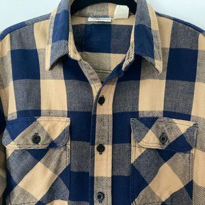 Vintage Prentiss Outdoors Heavy Flannel Blue and Tan Plaid Shirt Medium